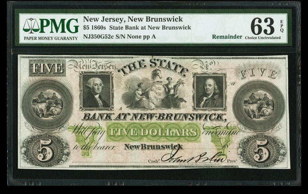 New Brunswick, NJ, State Bank, 1860s $5, Choice CU, PMG-63 EPQ